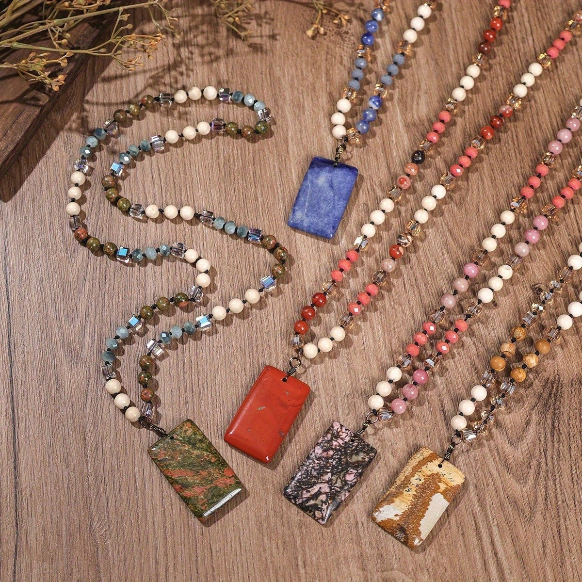 Rectangle Stone Pendant Beaded Necklace