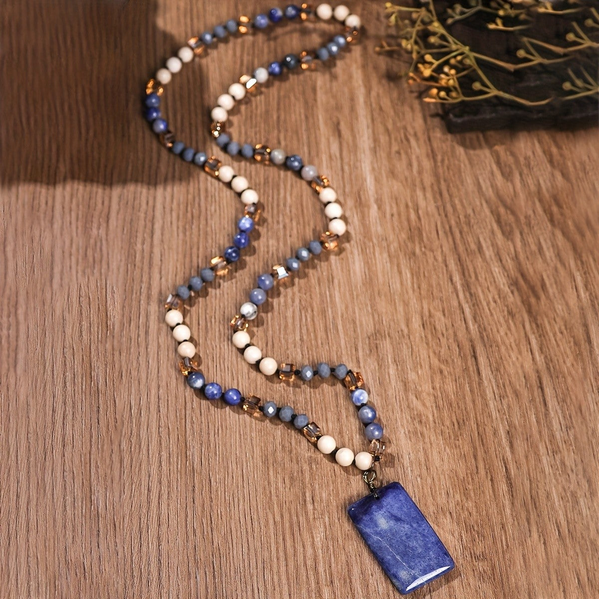 Rectangle Stone Pendant Beaded Necklace