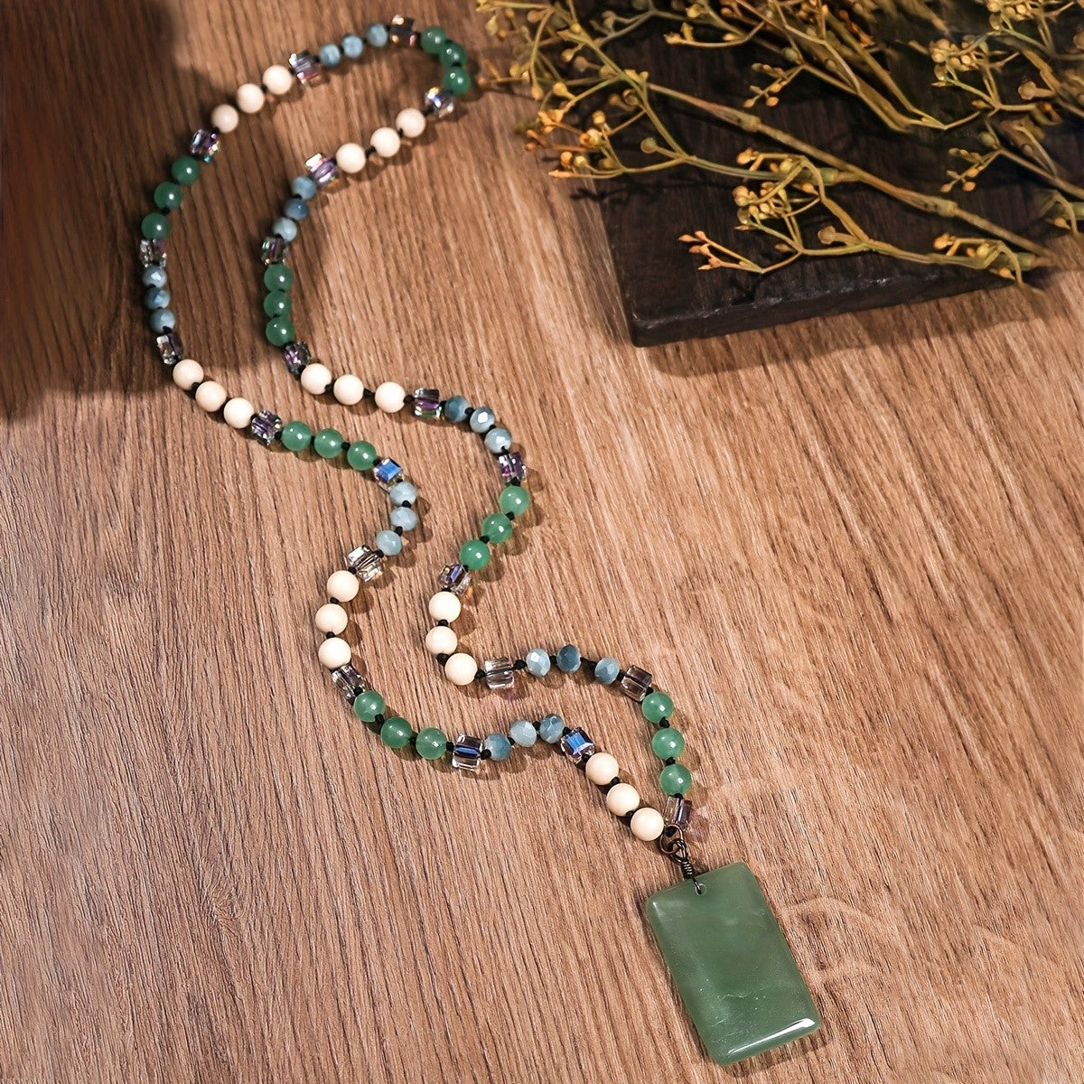 Rectangle Stone Pendant Beaded Necklace