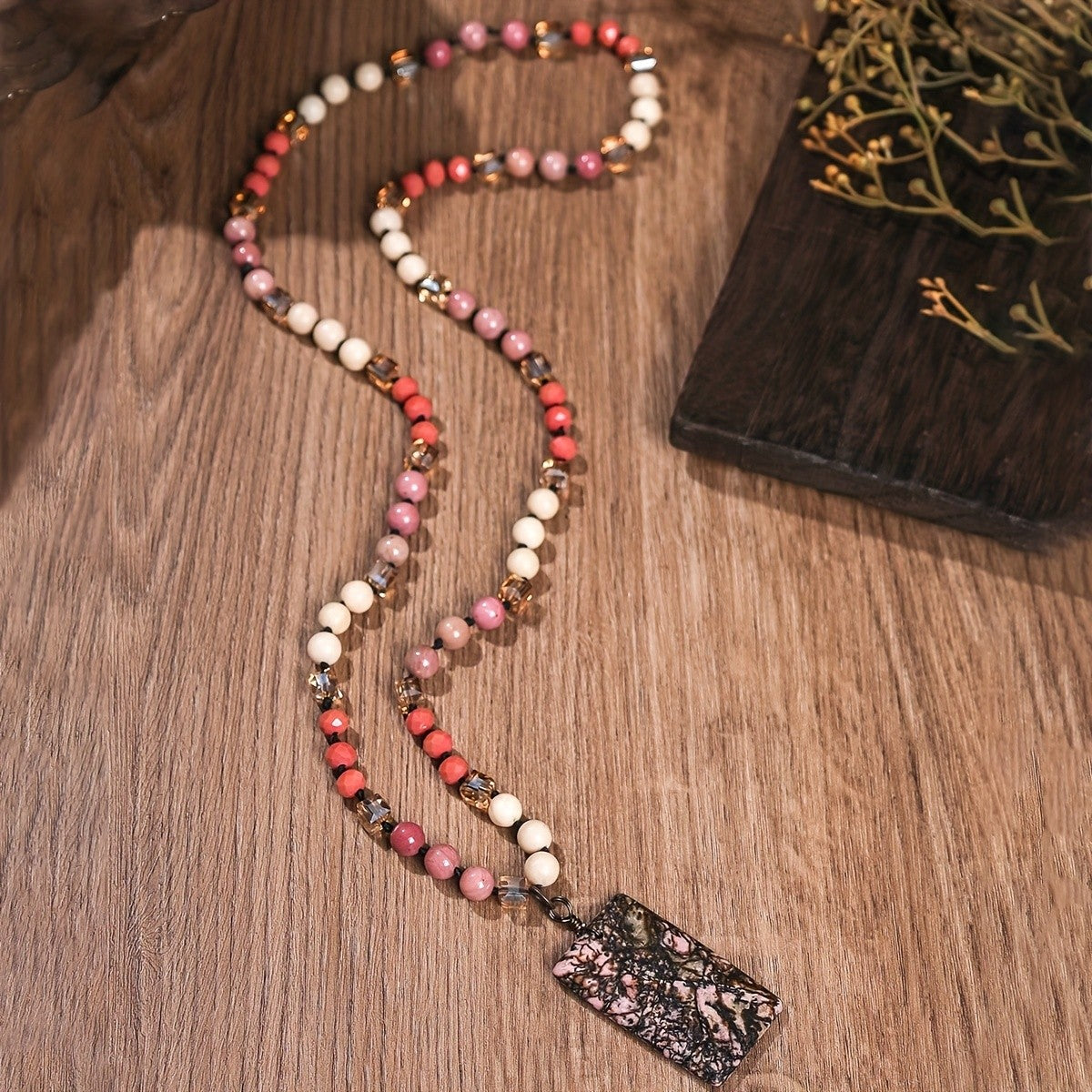 Rectangle Stone Pendant Beaded Necklace