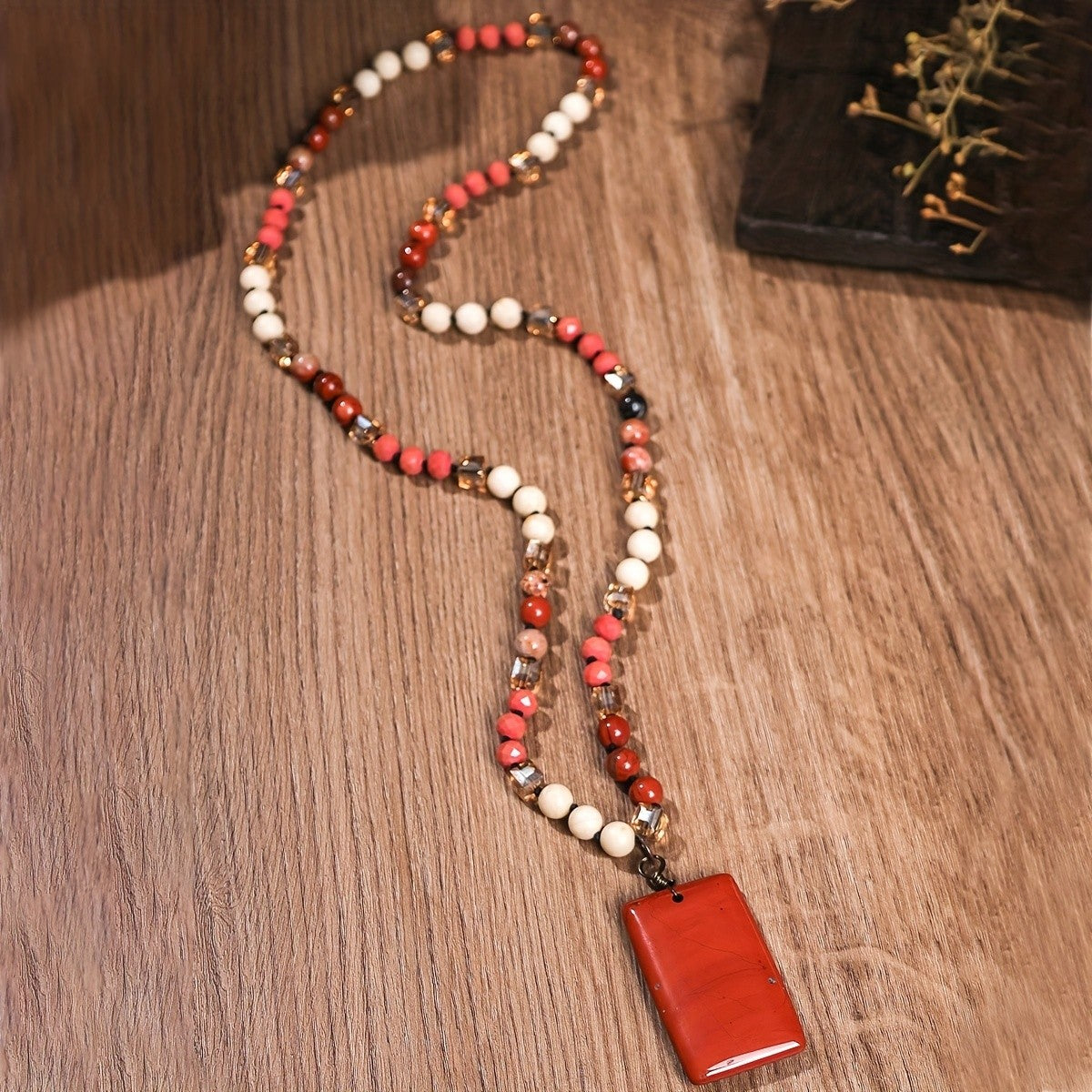 Rectangle Stone Pendant Beaded Necklace