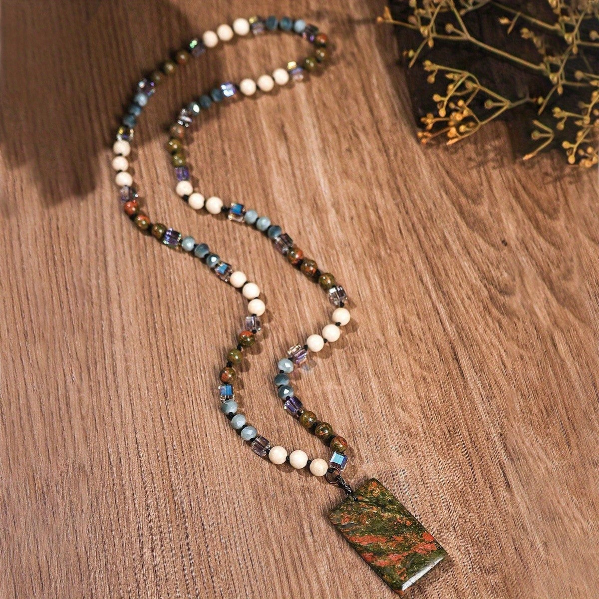 Rectangle Stone Pendant Beaded Necklace