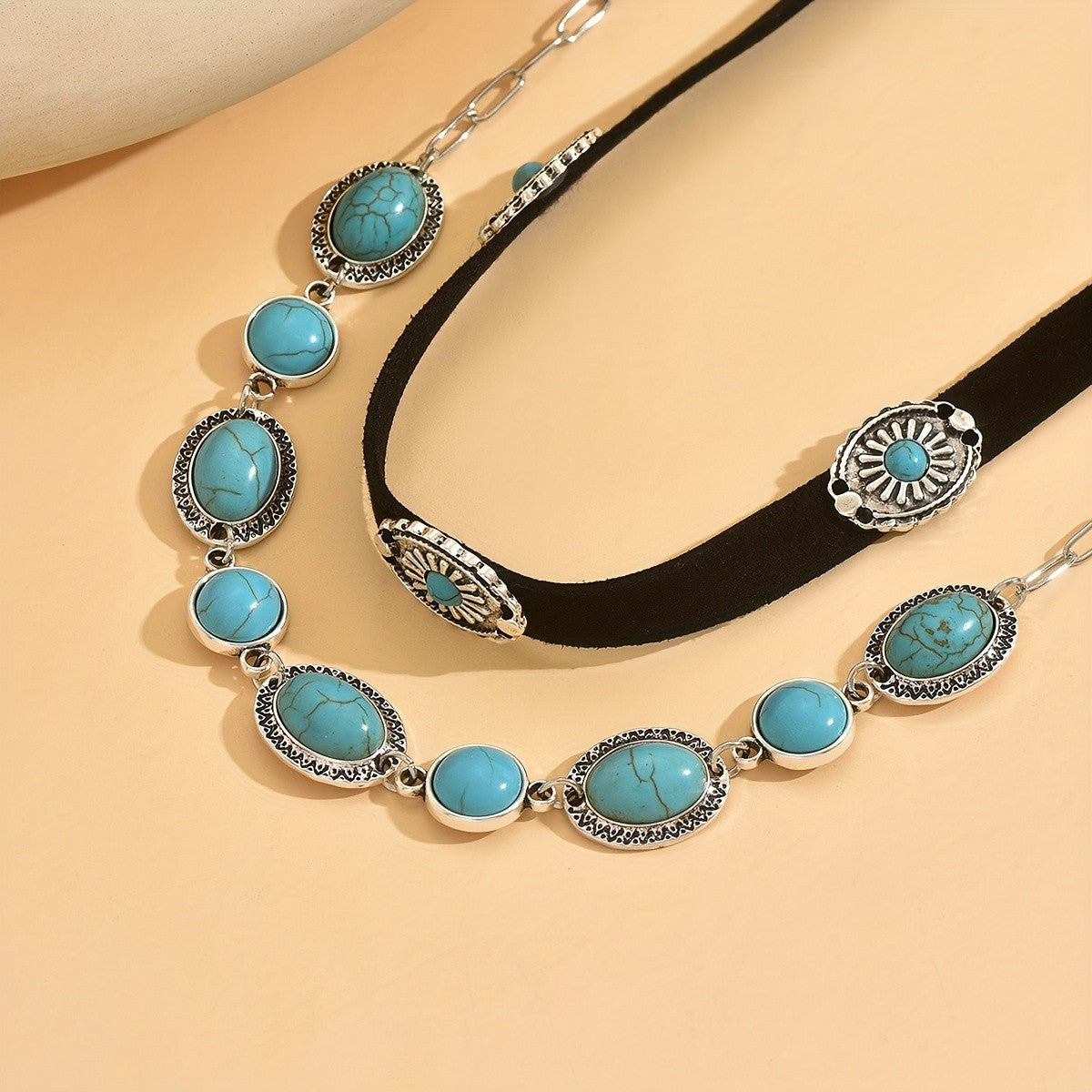 Turquoise Oval Velvet Choker Set