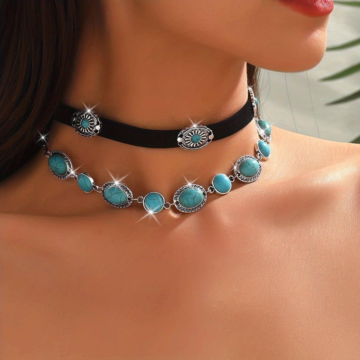 Turquoise Oval Velvet Choker Set