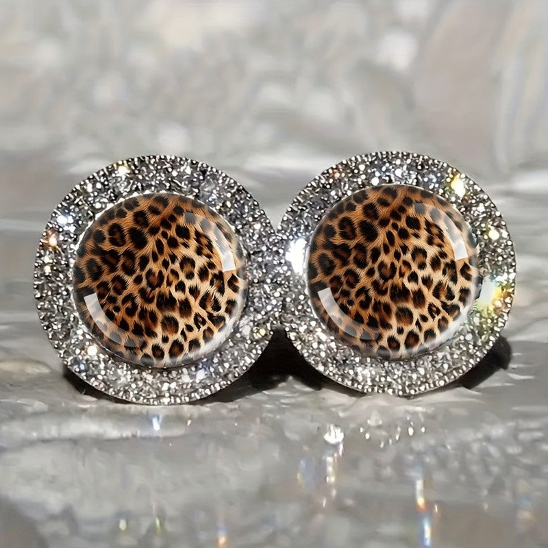 Leopard Print Crystal Halo Stud Earrings
