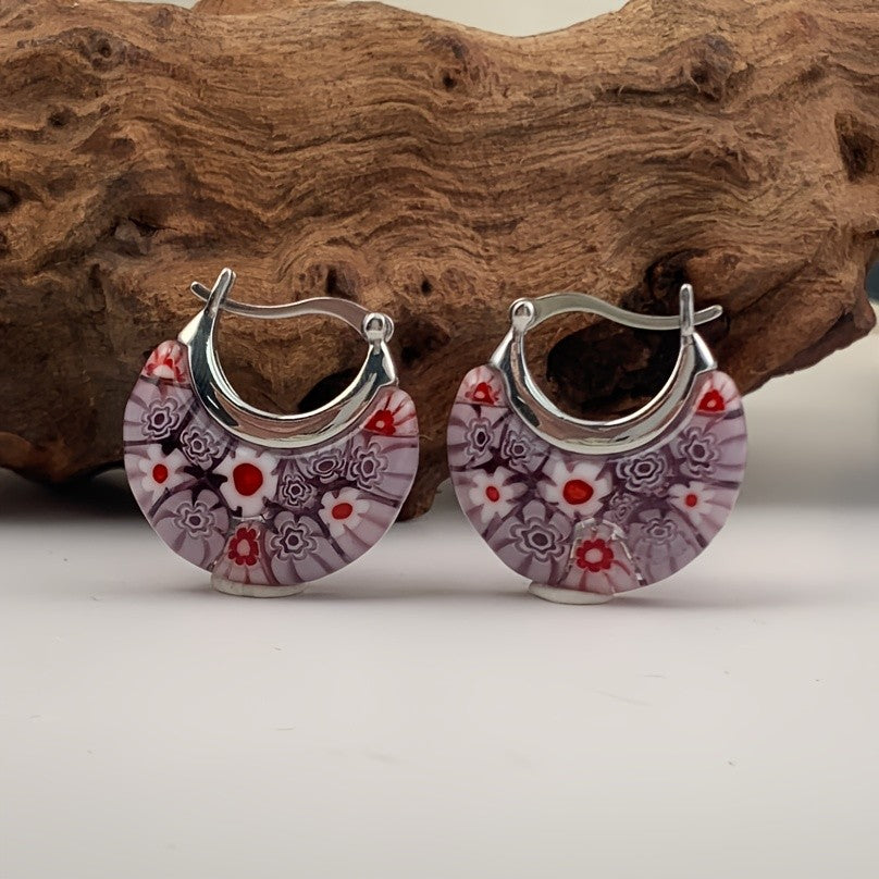 Floral Millefiori Glass Hoop Earrings