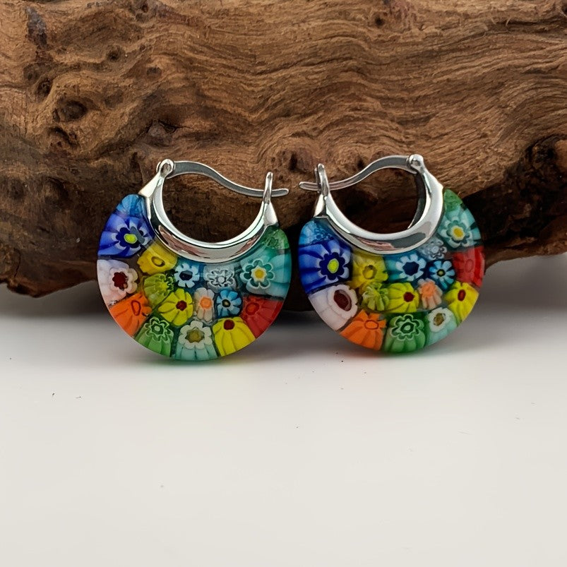 Floral Millefiori Glass Hoop Earrings