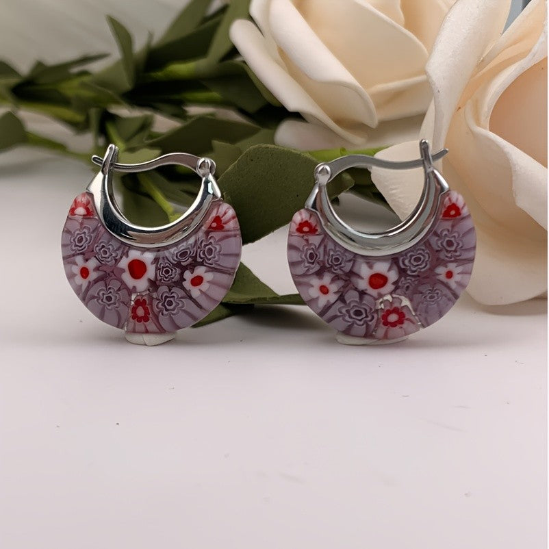 Floral Millefiori Glass Hoop Earrings