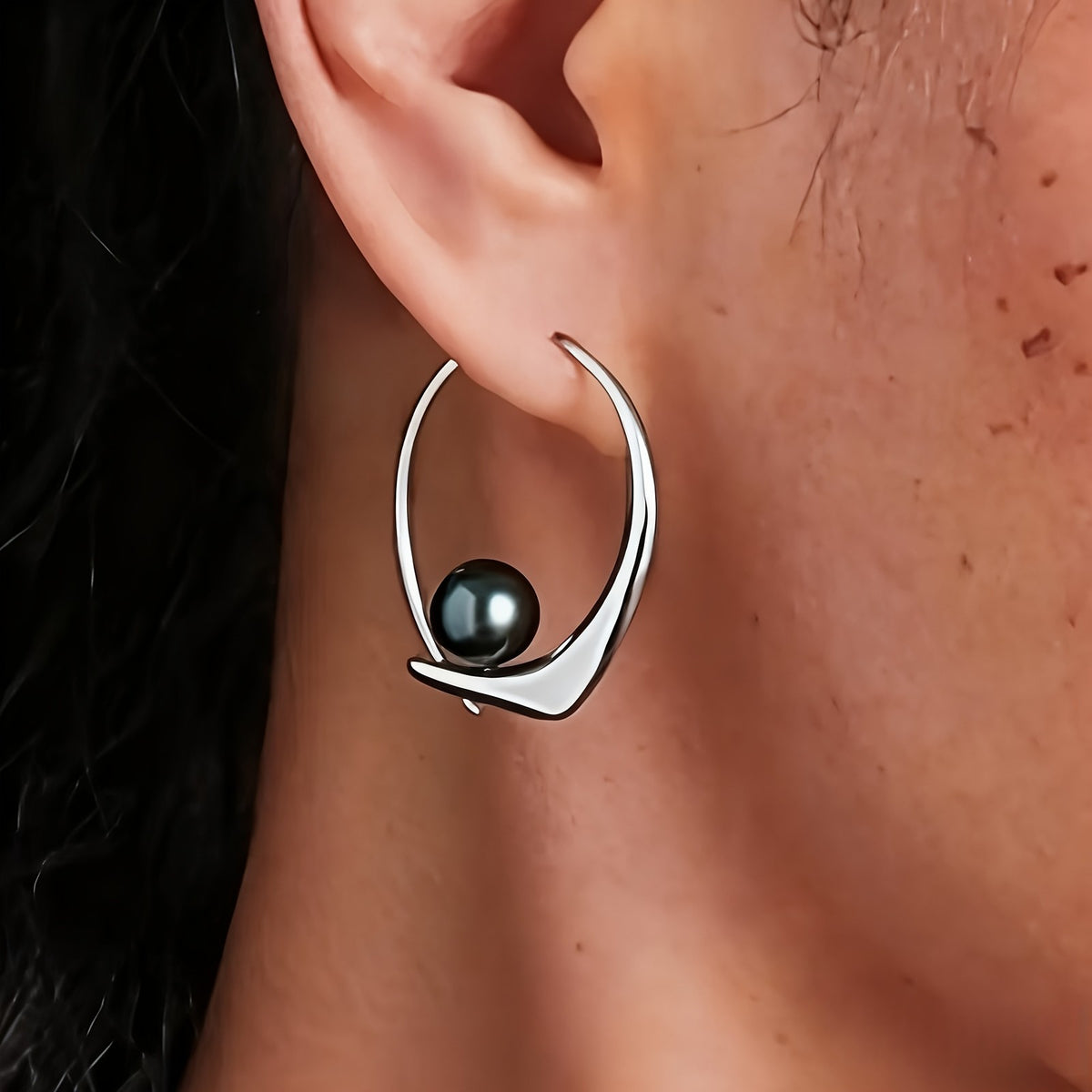 Black Pearl Crescent Hoop Earrings