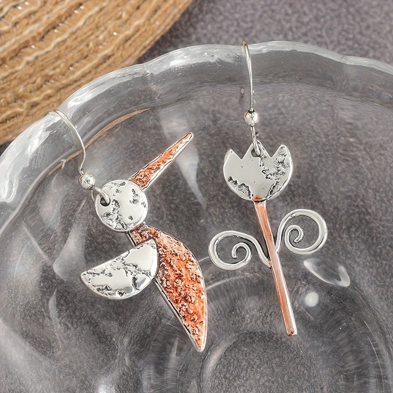 Asymmetrical Bird & Scroll Earrings