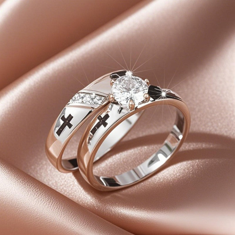 Cross & Crystal Couple Ring Set