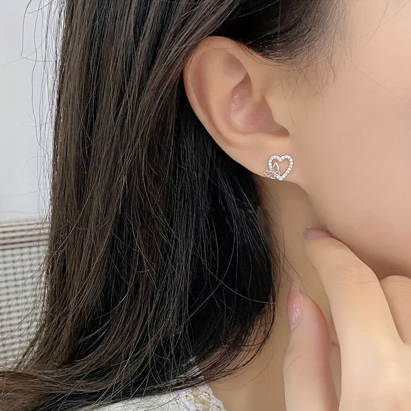 Crystal Heart Butterfly Stud Earrings