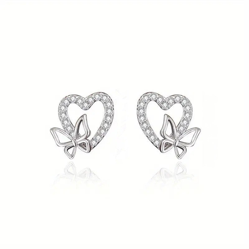 Crystal Heart Butterfly Stud Earrings