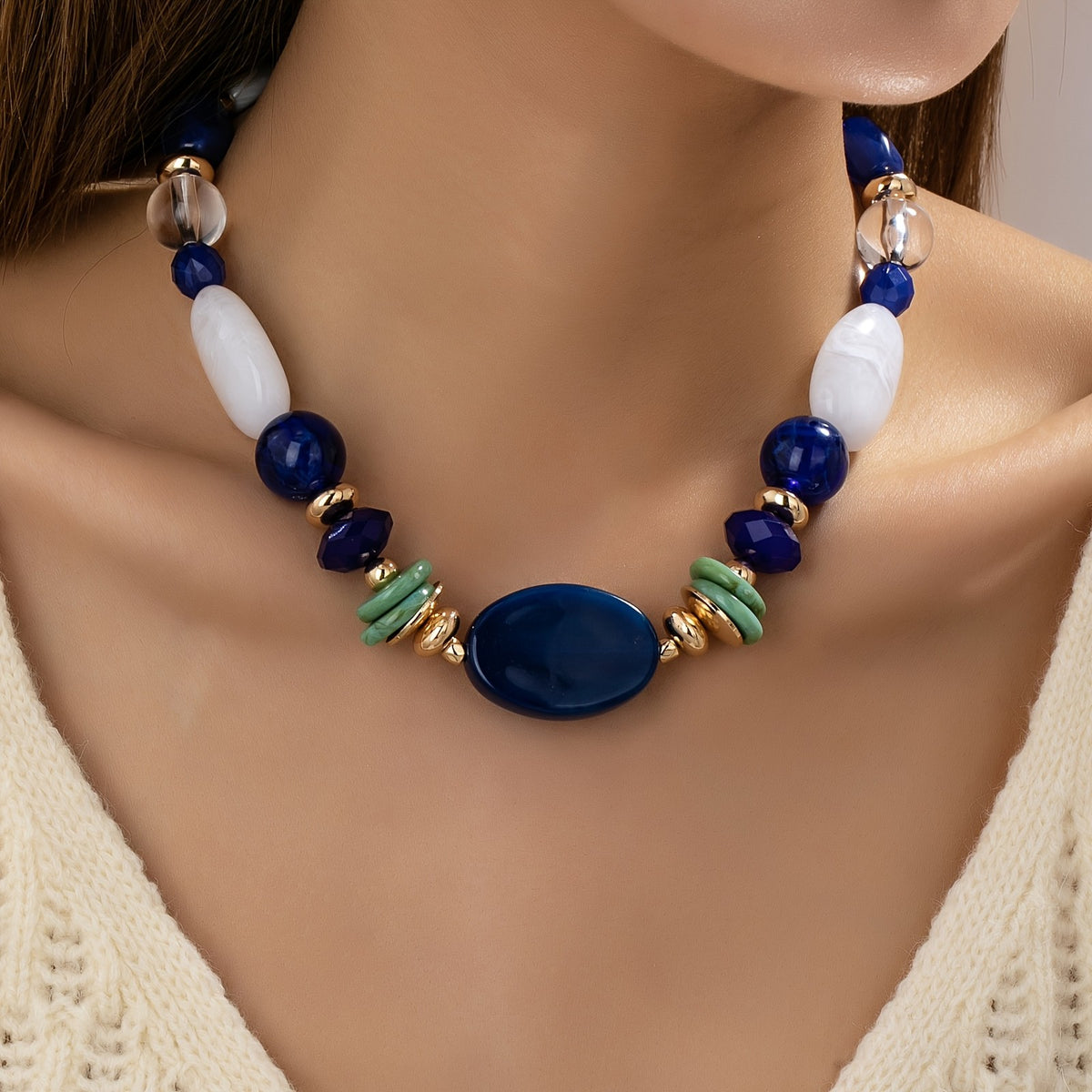 Blue & White Bead Statement Necklace