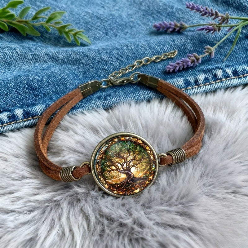 Tree of Life Glass Cabochon Leather Bracelet