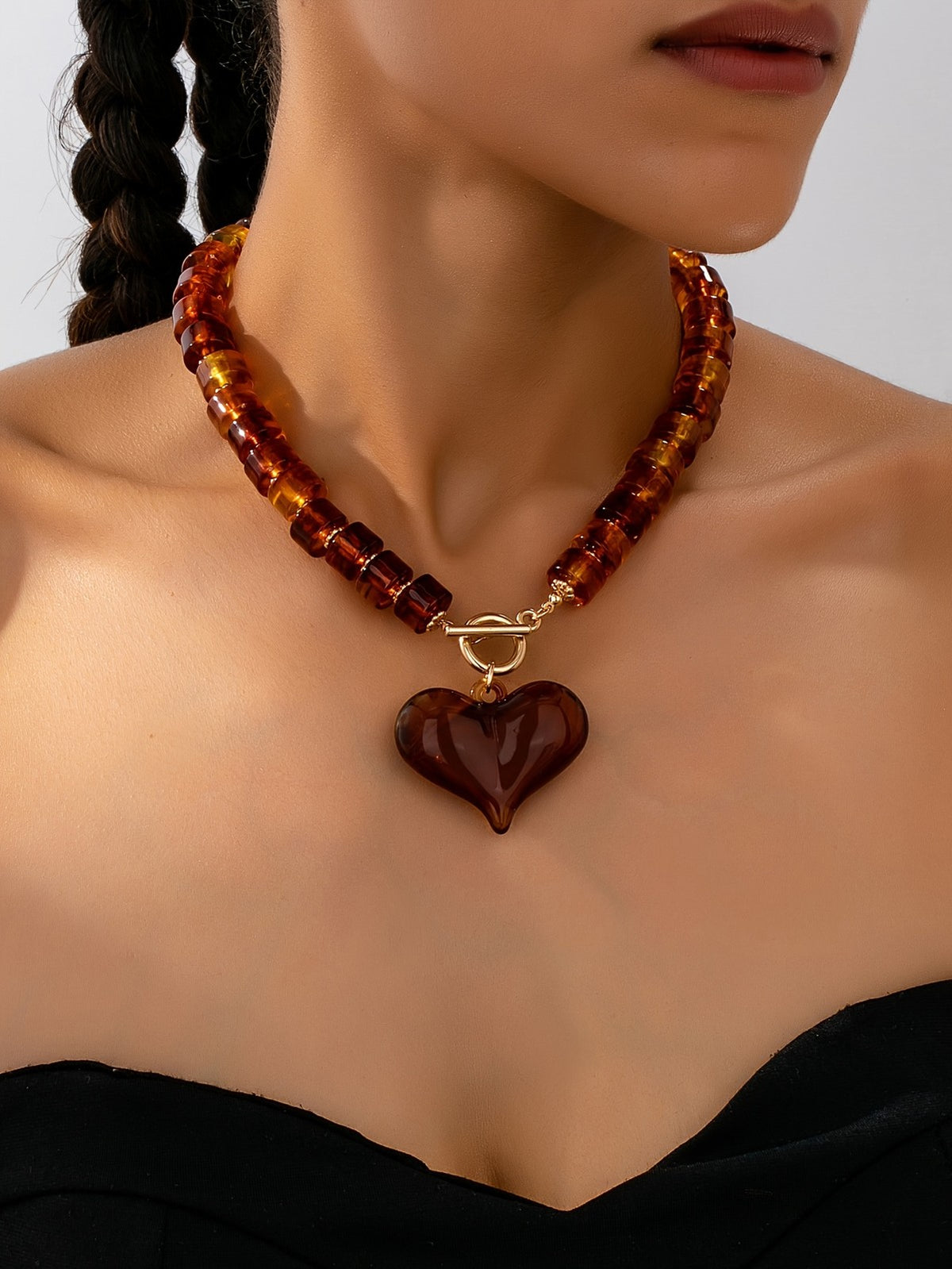 Brown Acrylic Heart Bead Necklace