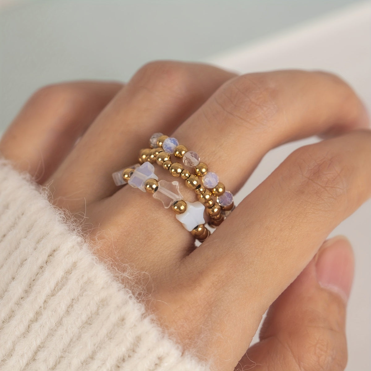 Natural Stone Star Ring Set