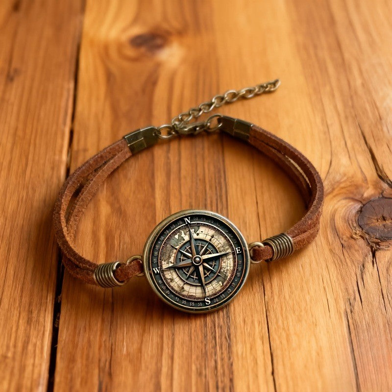 Compass Charm Leather Bracelet