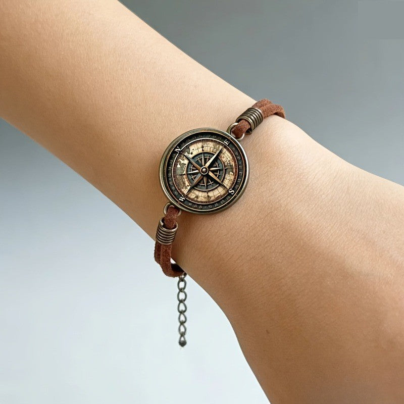 Compass Charm Leather Bracelet