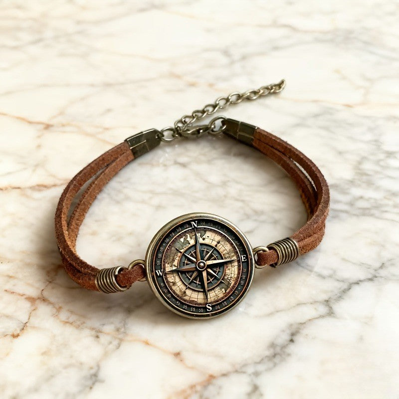 Compass Charm Leather Bracelet