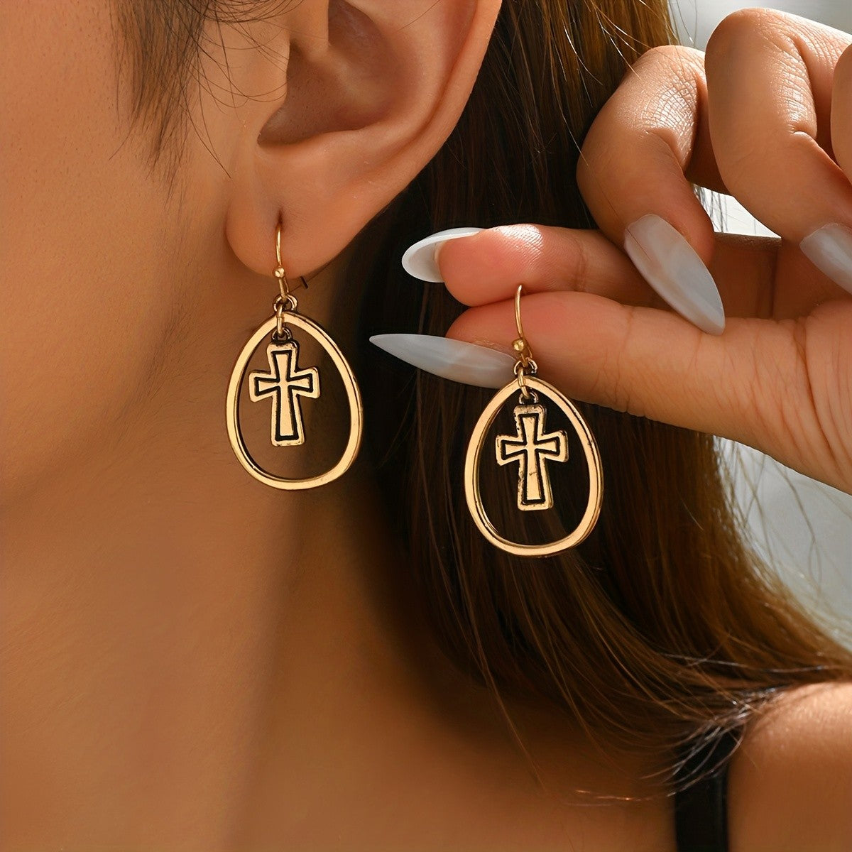 Cross Oval Drop Earrings