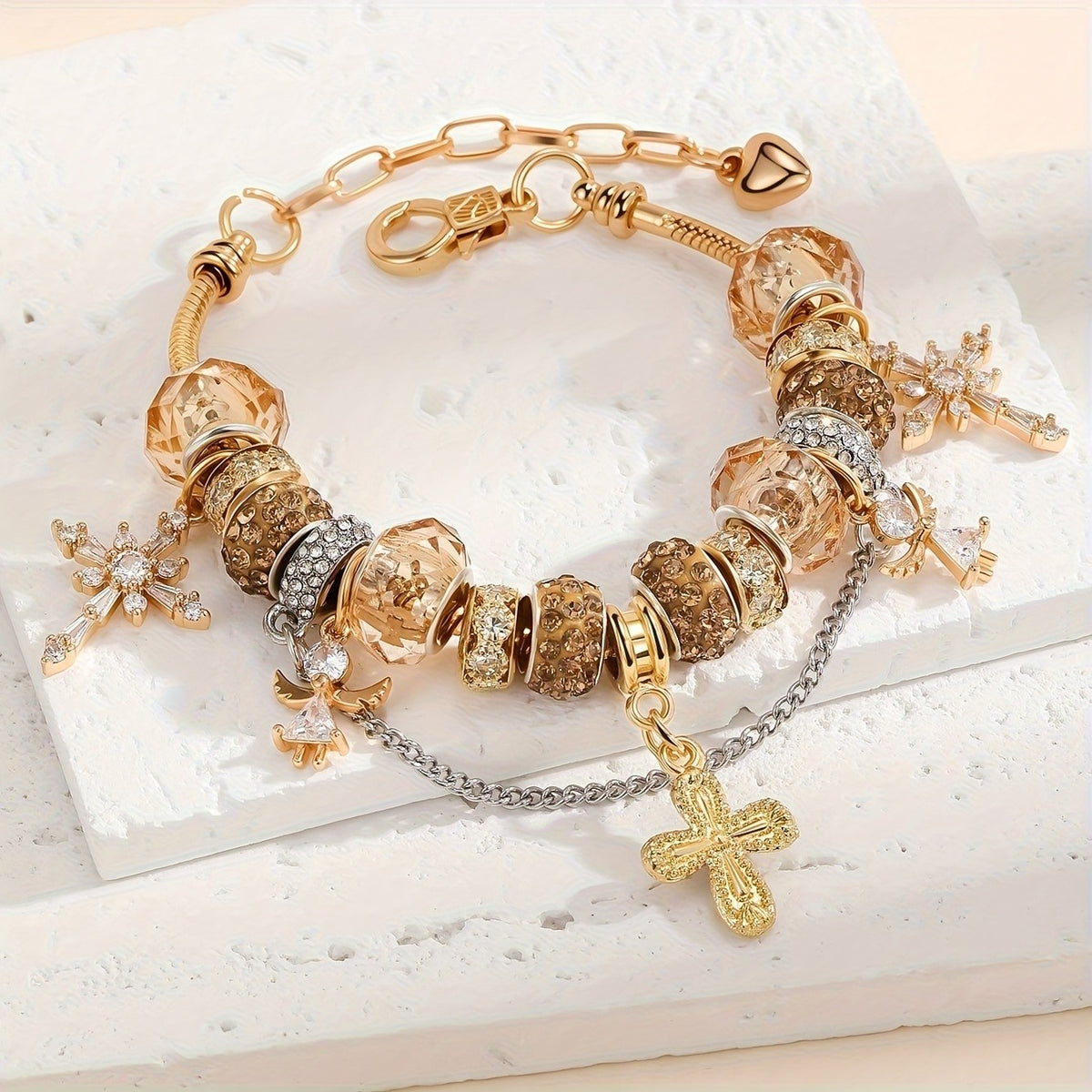 Crystal Cross & Angel Charm Bracelet