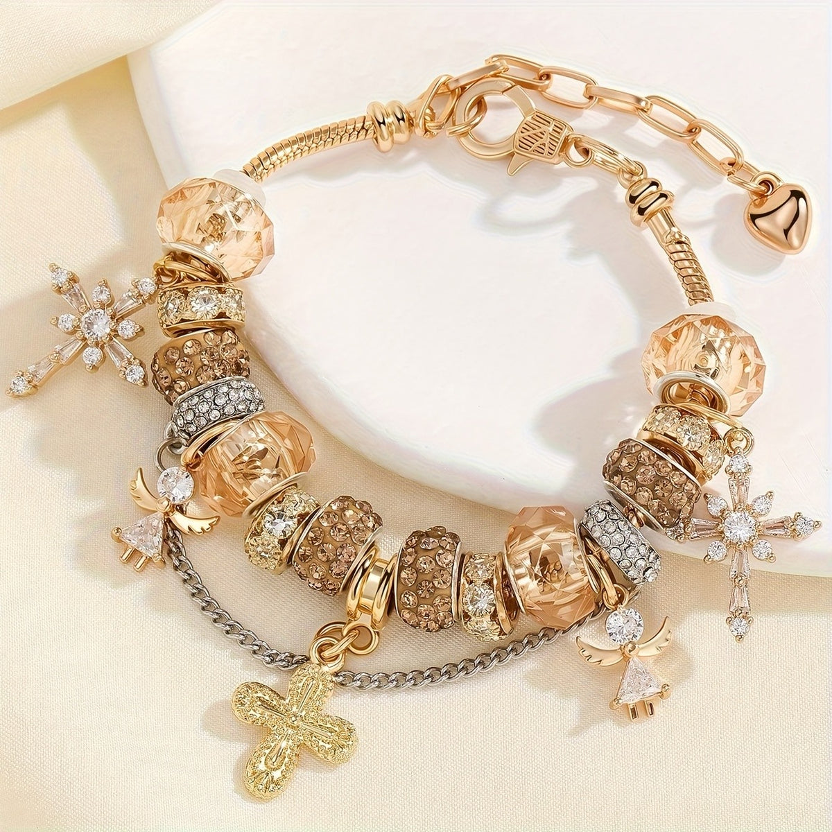Crystal Cross & Angel Charm Bracelet