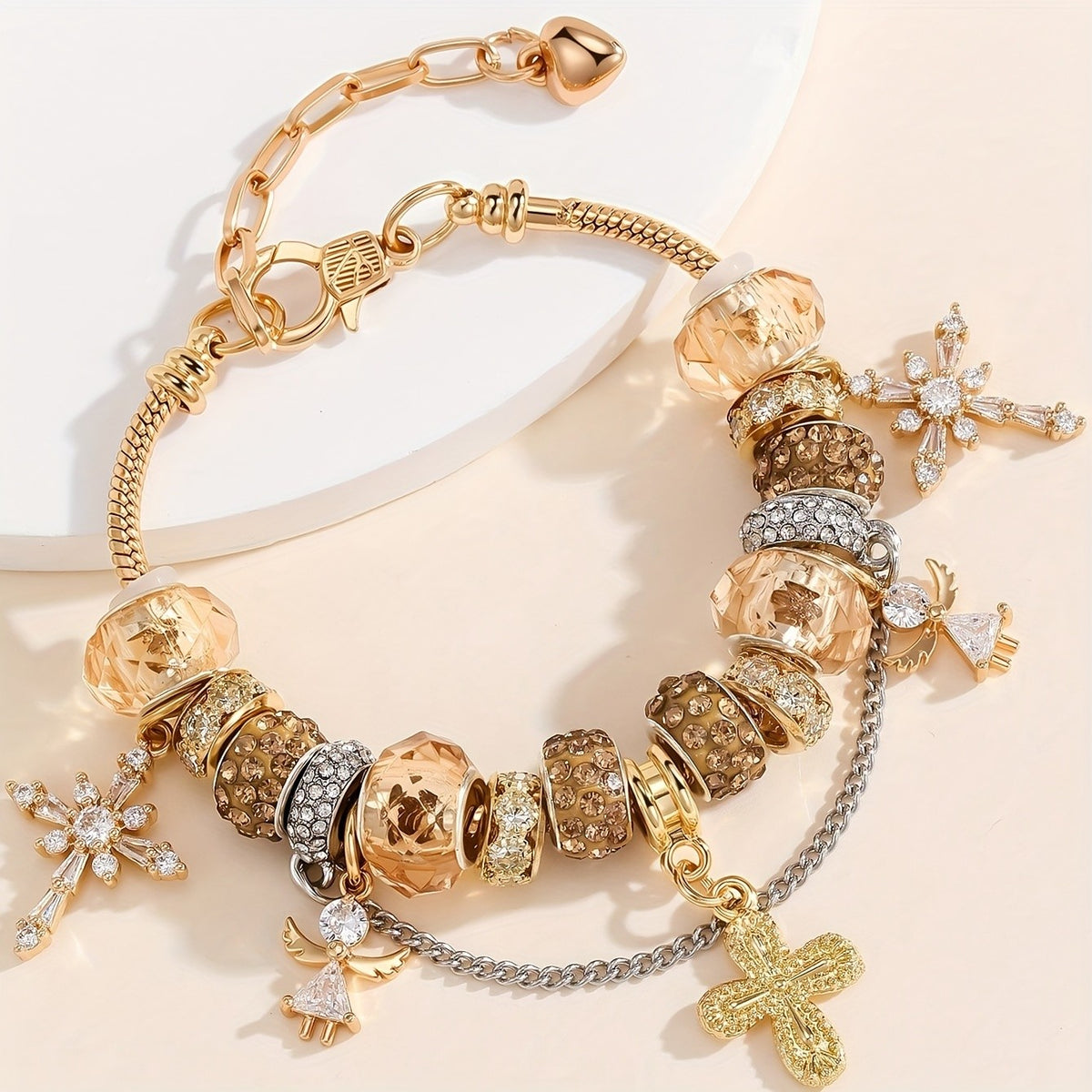 Crystal Cross & Angel Charm Bracelet