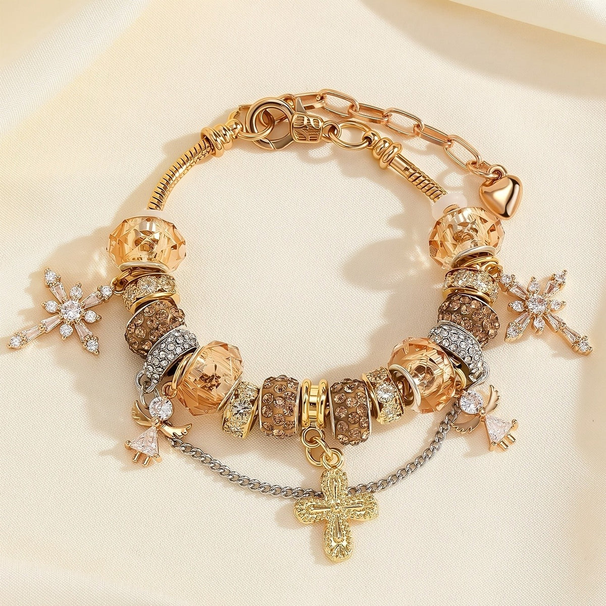 Crystal Cross & Angel Charm Bracelet