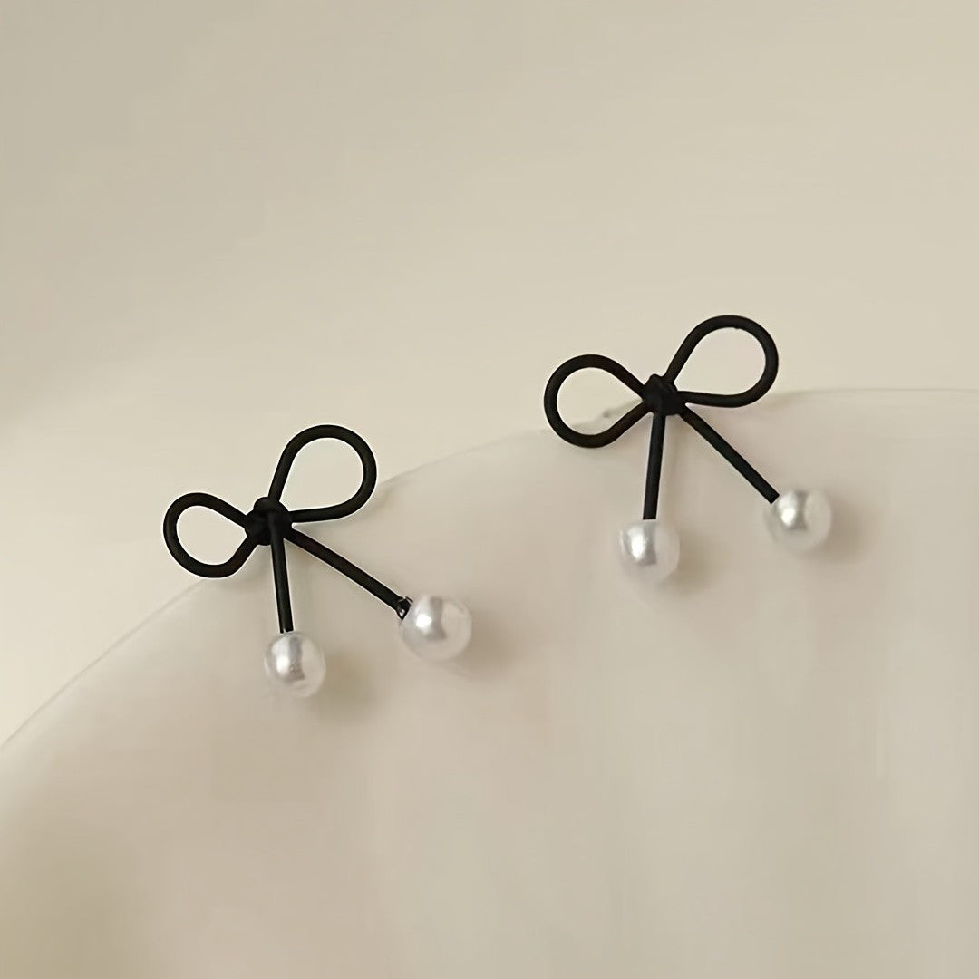 Black Bow Pearl Earrings