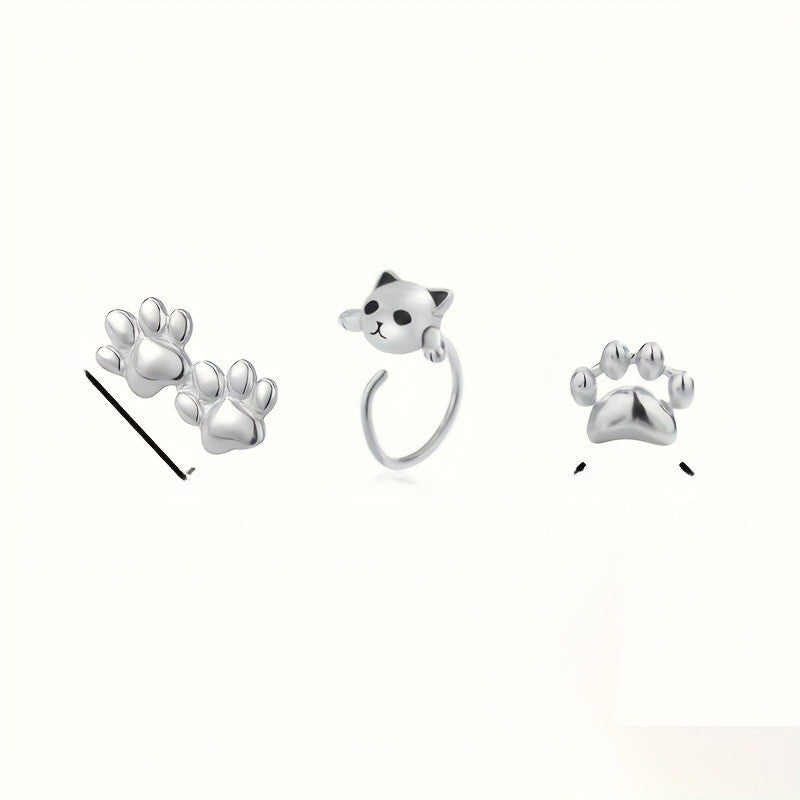 Cat Face & Paw Stud Earring Set