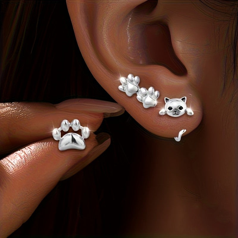 Cat Face & Paw Stud Earring Set