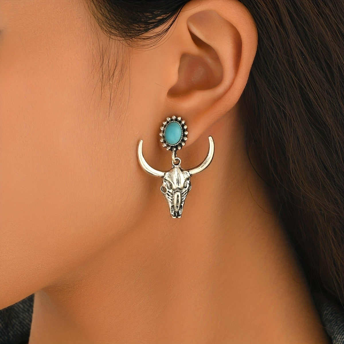 Turquoise Bull Skull Drop Earrings