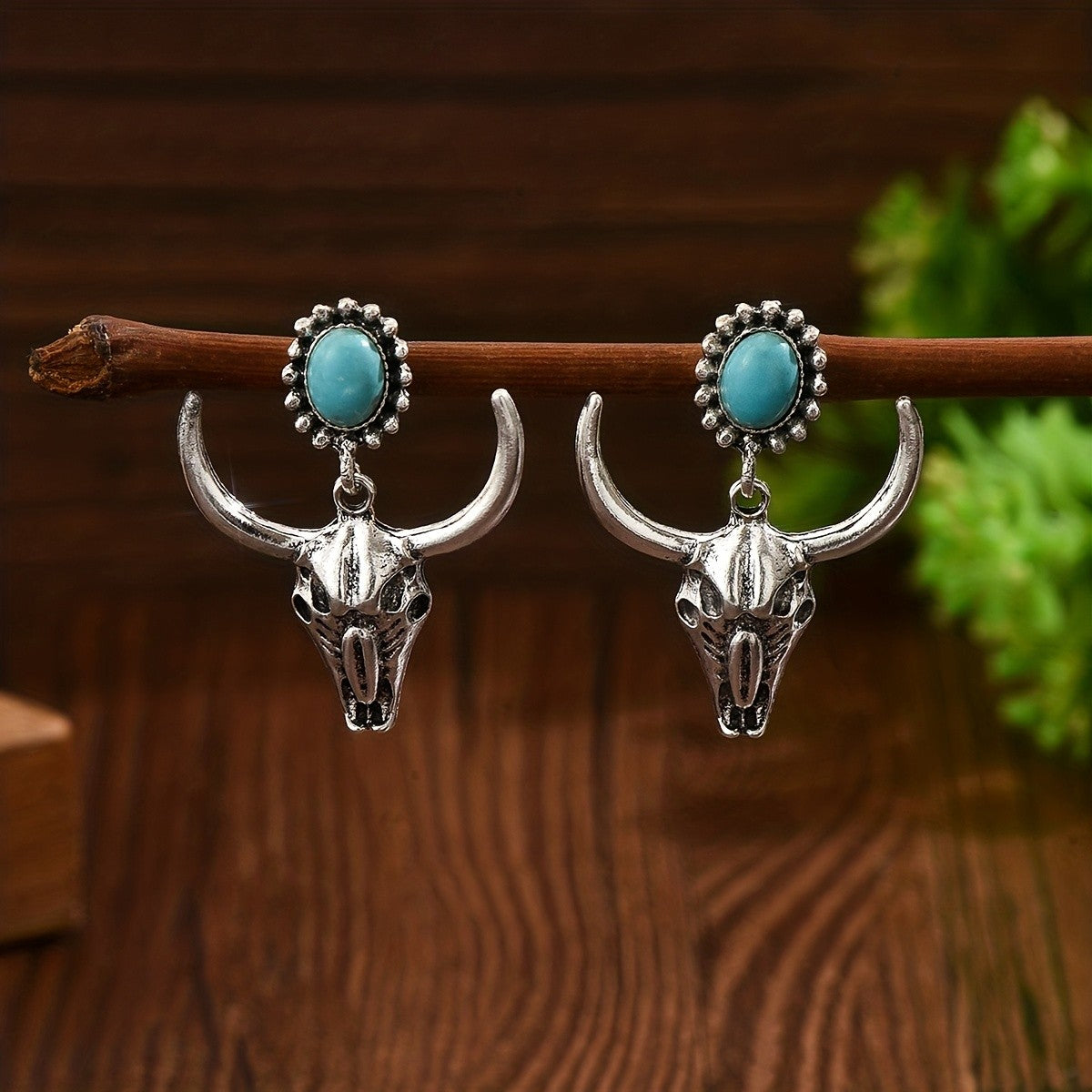 Turquoise Bull Skull Drop Earrings