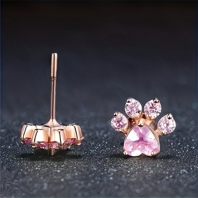 Pink Crystal Cat Paw Stud Earrings
