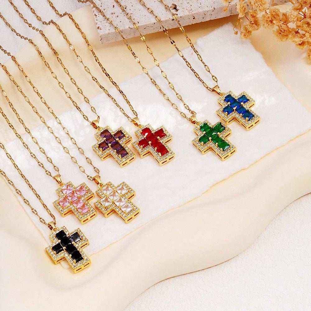 Multi-Color Crystal Cross Necklace