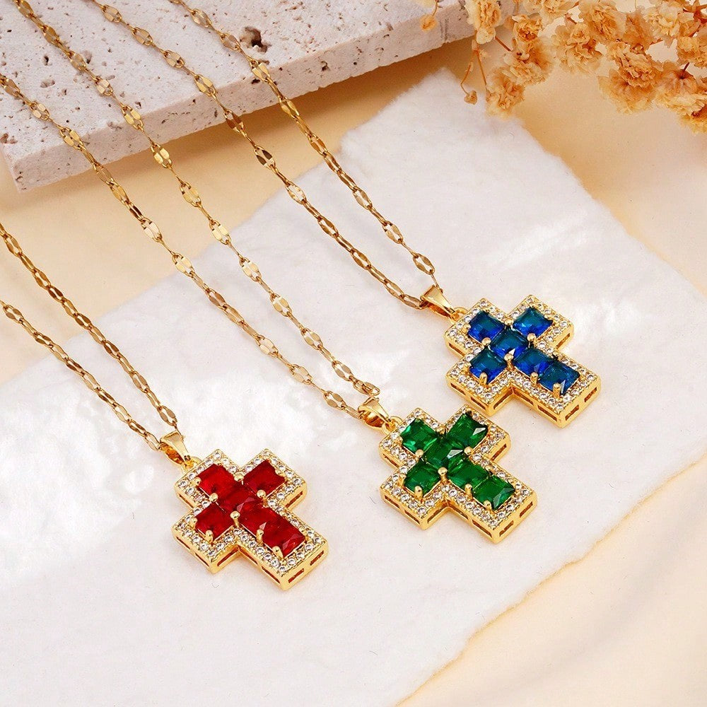 Multi-Color Crystal Cross Necklace