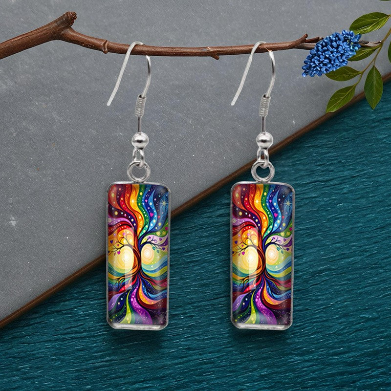Rainbow Tree of Life Rectangular Earrings