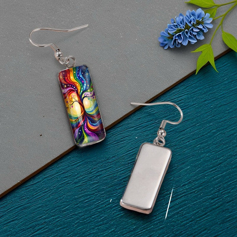 Rainbow Tree of Life Rectangular Earrings