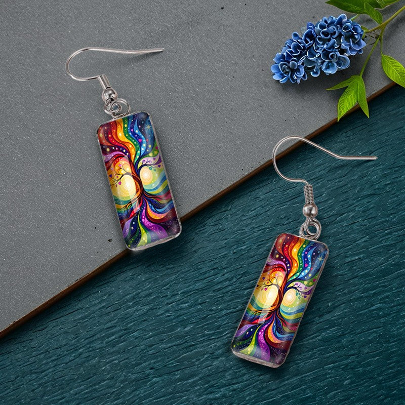Rainbow Tree of Life Rectangular Earrings