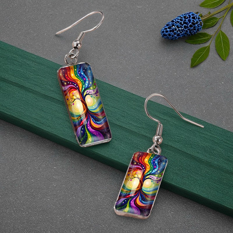 Rainbow Tree of Life Rectangular Earrings