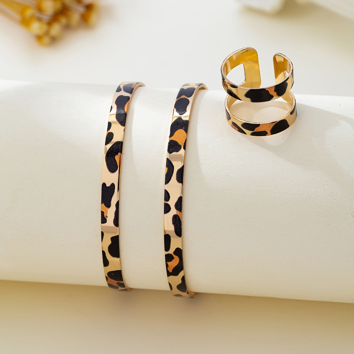 Leopard Print Open Cuff & Ring Set