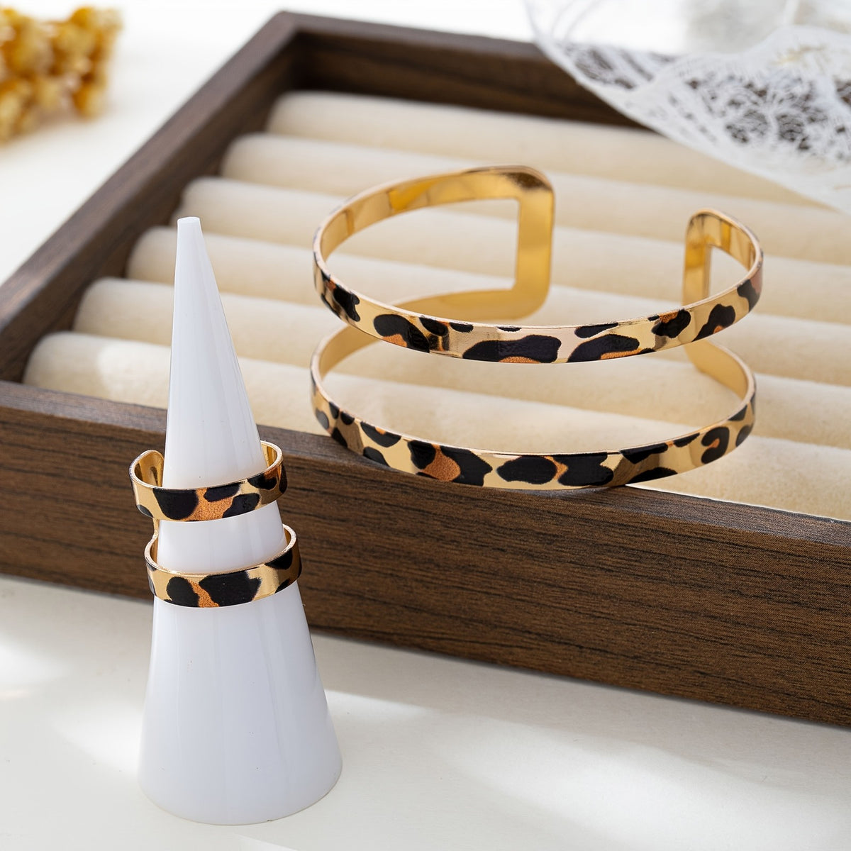 Leopard Print Open Cuff & Ring Set