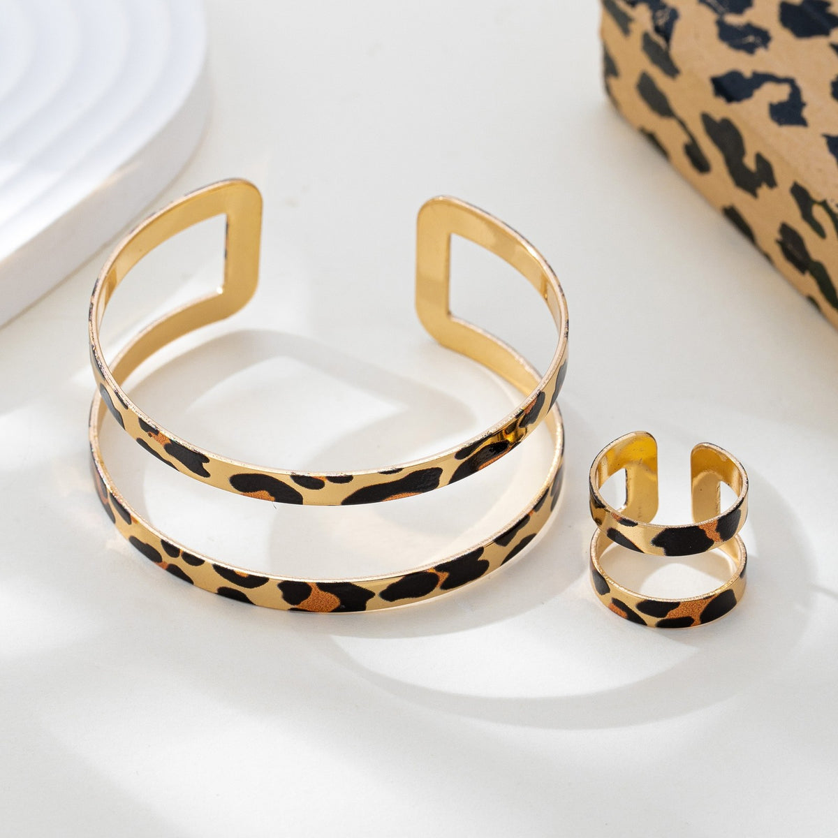 Leopard Print Open Cuff & Ring Set