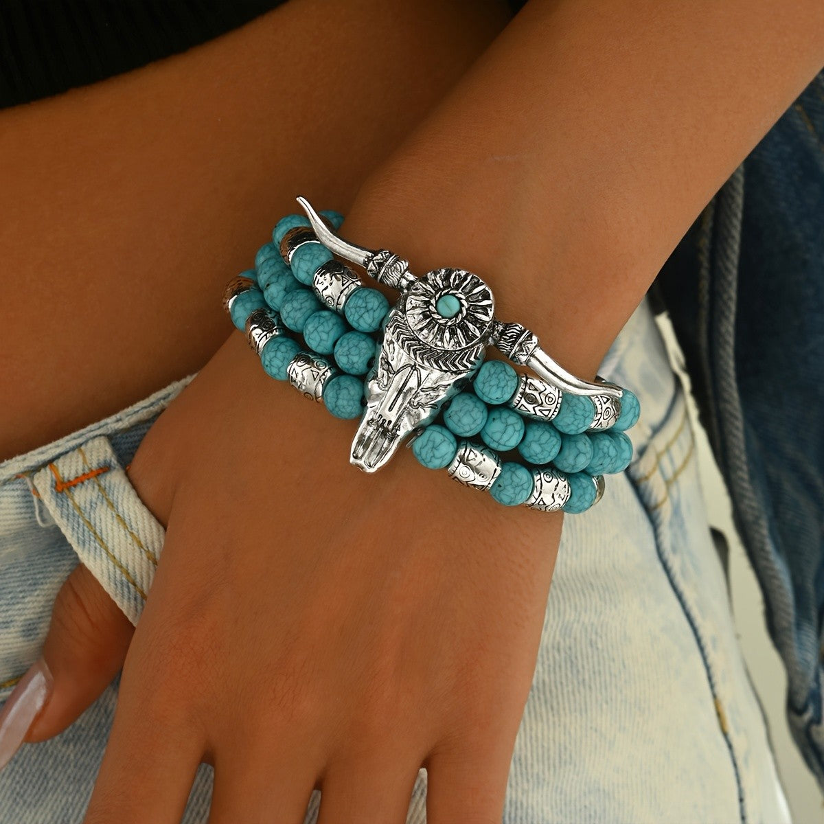 Turquoise Bead Bull Skull Bracelet