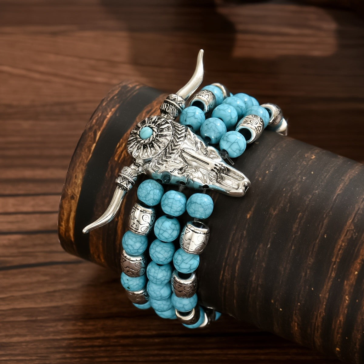 Turquoise Bead Bull Skull Bracelet
