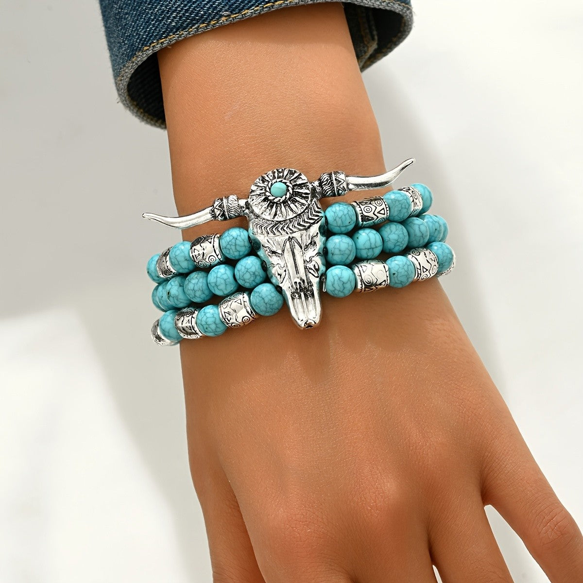 Turquoise Bead Bull Skull Bracelet