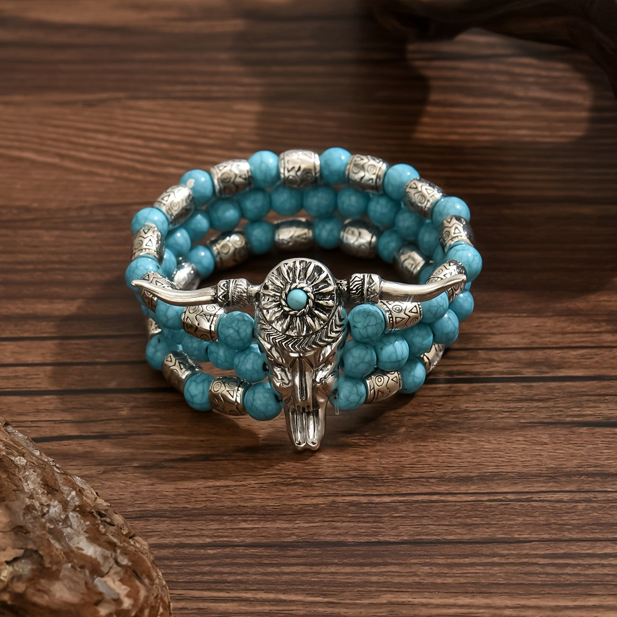 Turquoise Bead Bull Skull Bracelet
