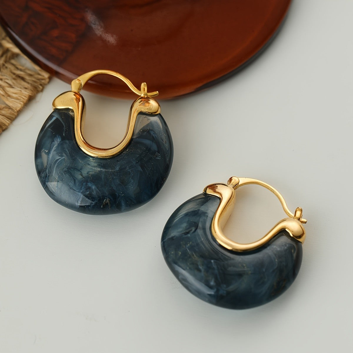 Blue Marble Semi-Circle Hoop Earrings