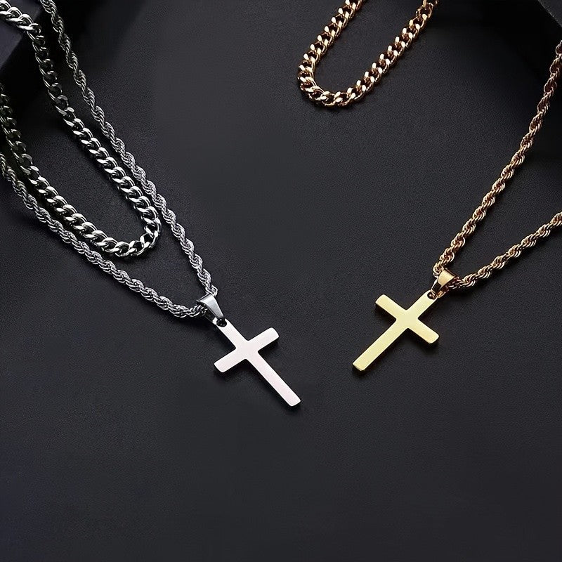 Double Layer Curb & Rope Cross Necklace